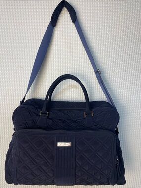 Vera Bradley Navy Quilted Weekender Travel Duffle Satchel Bag with Strap